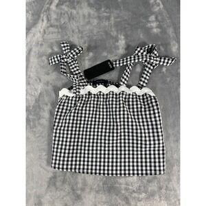 2Saints Gingham Check Tie Shoulder Ric-Rac Trim Camisole Top Black White XS NWT